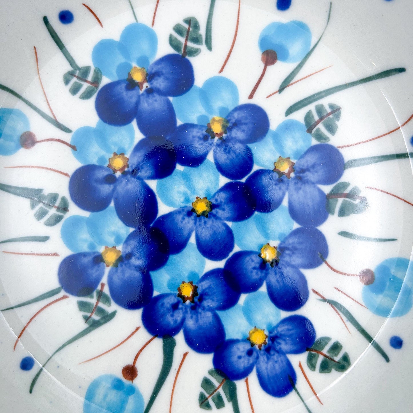 7” Farm Bowl. Hand crafted Polish pottery stoneware: Blue Pansy Design