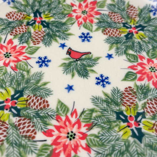 7.5” Plate. Hand crafted Polish pottery stoneware: UNIKAT Christmas Cardinal