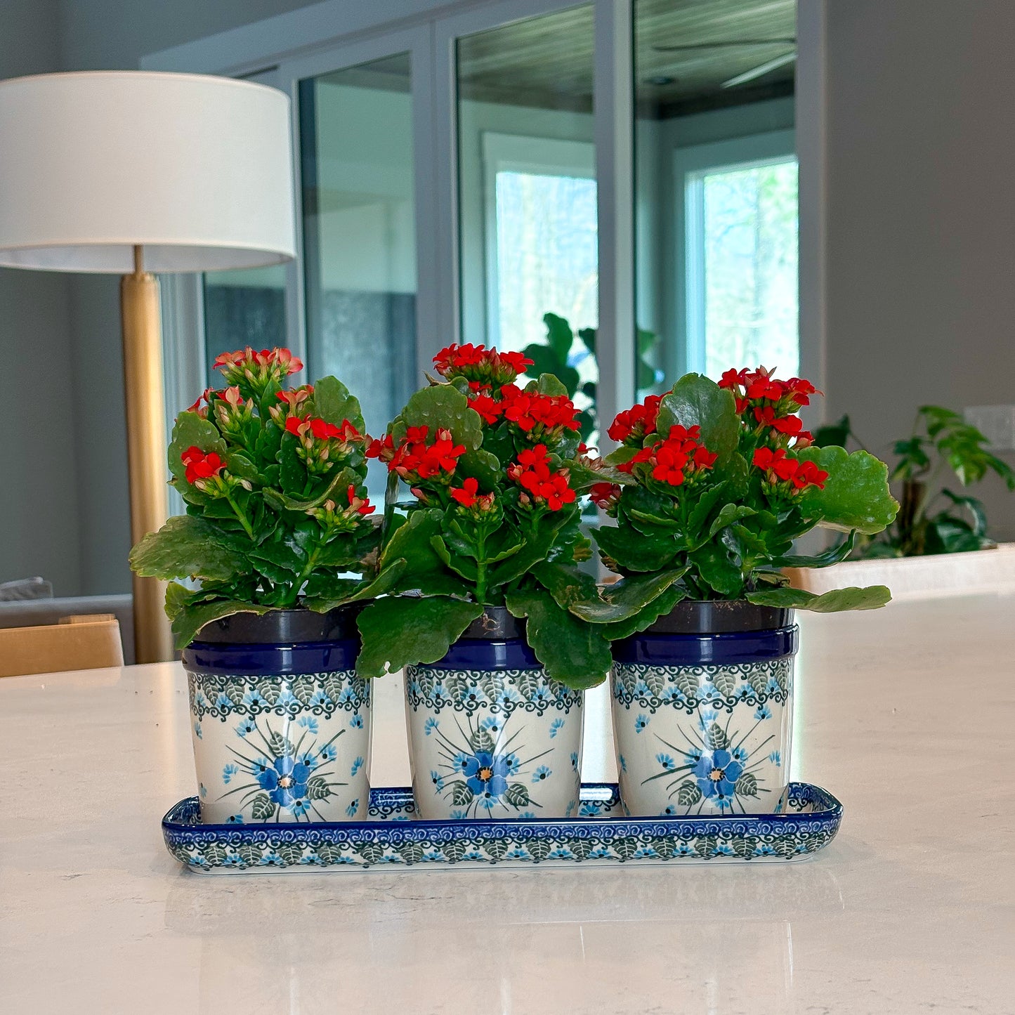12” planter set of 3. Handmade Polish pottery. UNIKAT Forget Me Not Design