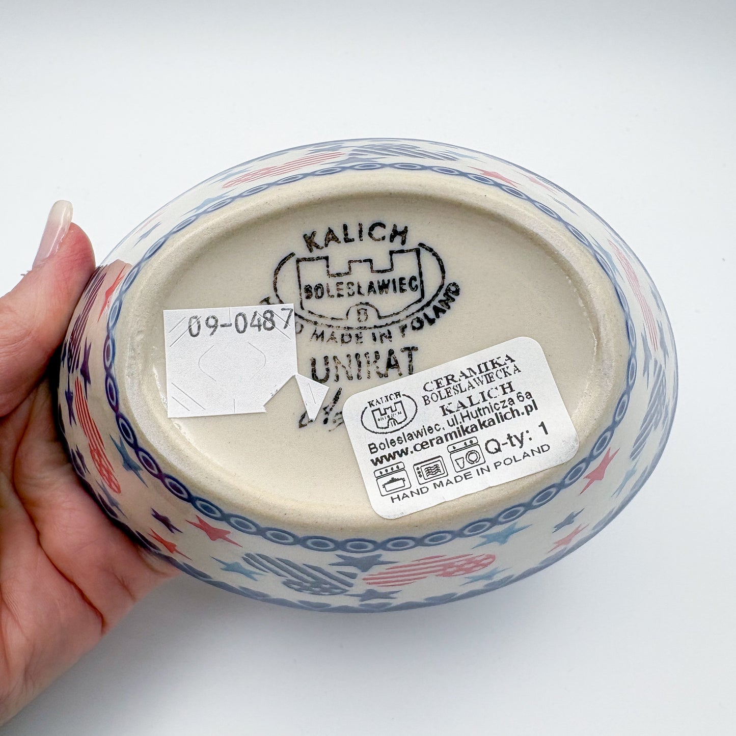 6” Oval Tub Bowl. Hand crafted Polish pottery stoneware: UNIKAT Stars and Stripes Pattern