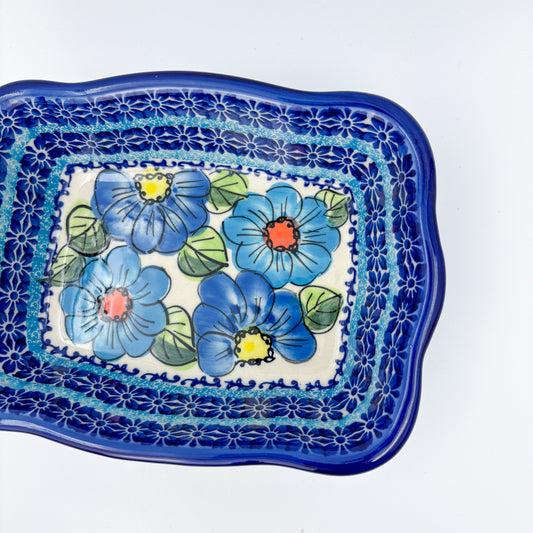 8” Baker Handmade in Poland. UNIKAT Bold Blue Poppies Design
