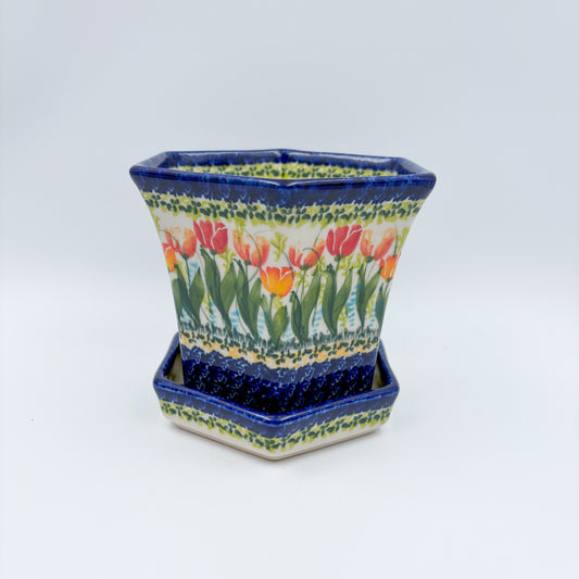 5” Flower Pot. Handmade Polish pottery. UNIKAT Tulip Fields