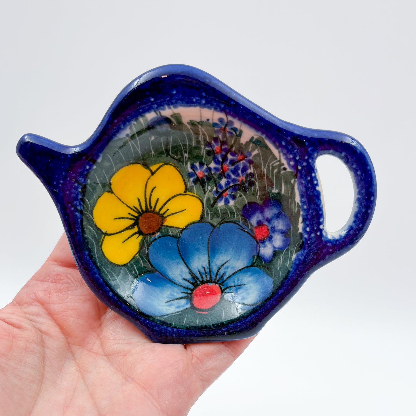 Teabag Holder. Handmade Teapot Polish pottery. UNIKAT Forget Me Not Pansy