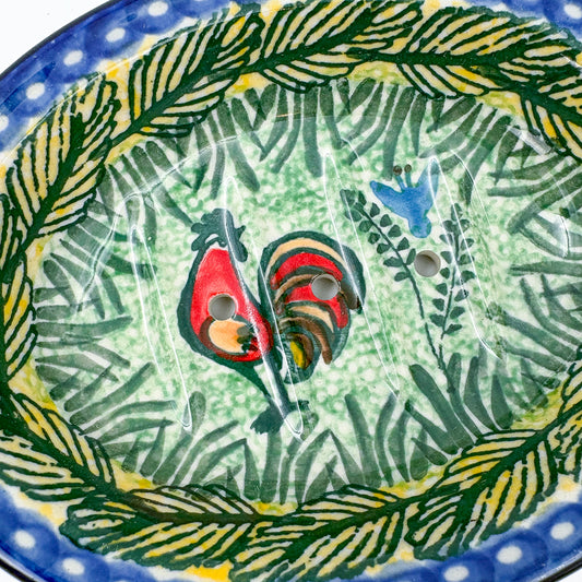 Soap Dish 6”. Handmade Polish pottery. UNIKAT Rooster Parade Design