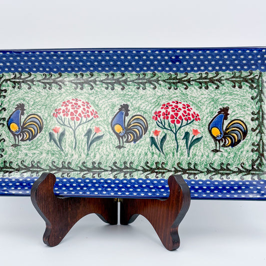 13" Platter Hand crafted Polish pottery stoneware: UNIKAT Rooster Dance Design.