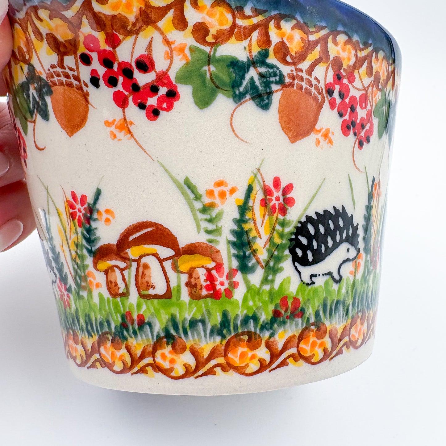12 oz Loop Handle Gravy Boat. Hand painted Polish pottery stoneware. UNIKAT Hedgehog and Mushroom