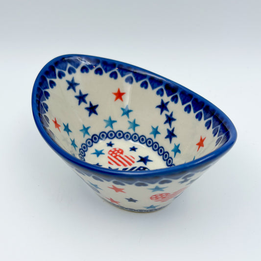 6” Oval Tub Bowl. Hand crafted Polish pottery stoneware: UNIKAT Stars and Stripes Pattern