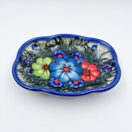5" Soap Dish. Handmade Polish pottery. UNIKAT Forget Me Not Design