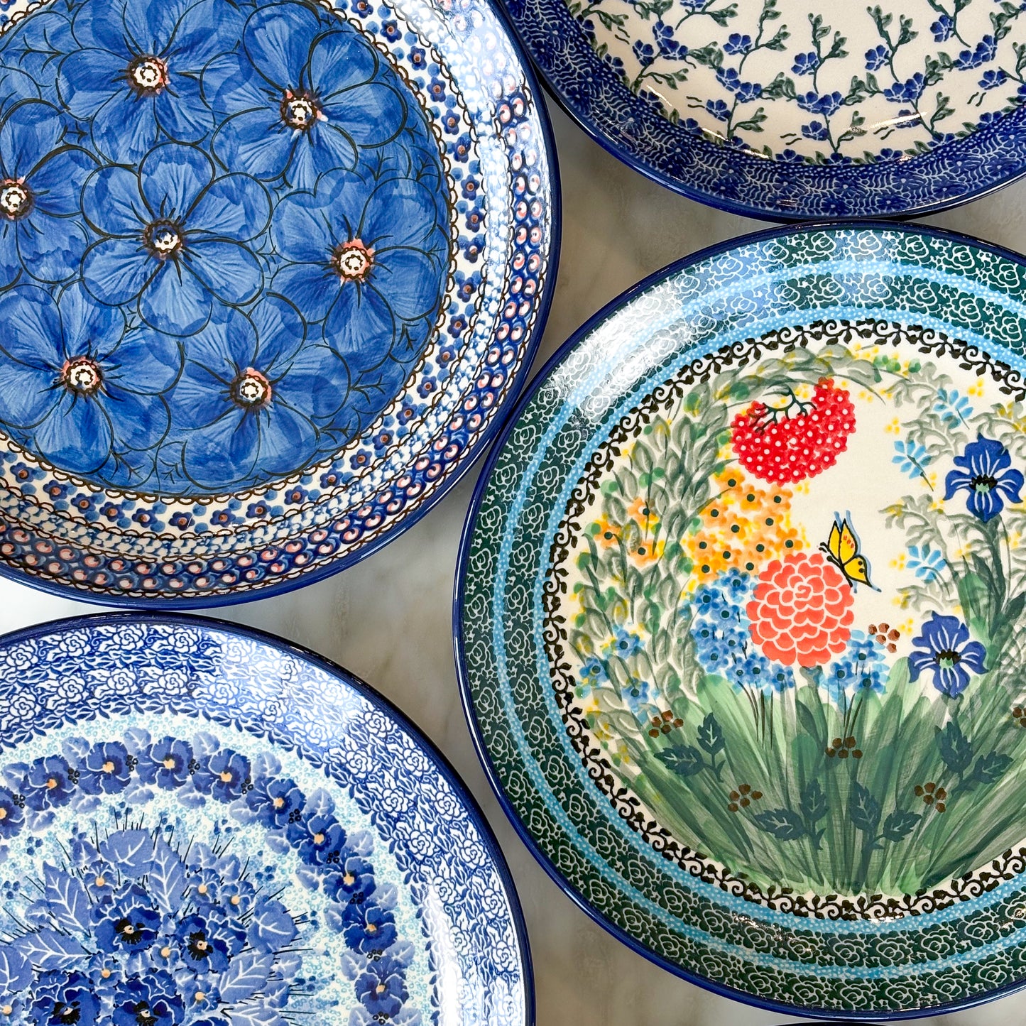 10.5” Plate. Hand crafted Polish pottery stoneware: UNIKAT Garden Delight Design.