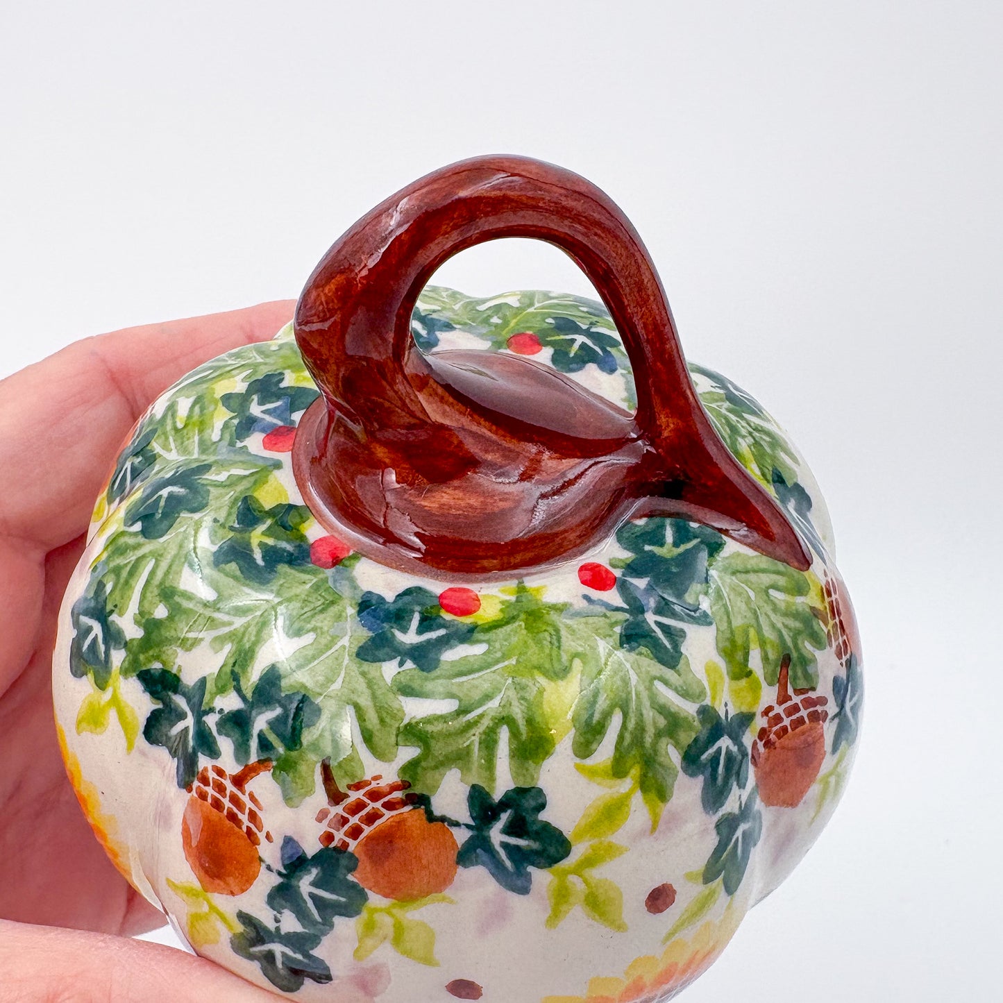 Pumpkin Mini 3.5" Hand crafted Polish pottery stoneware: UNIKAT Sunflower and Acorn