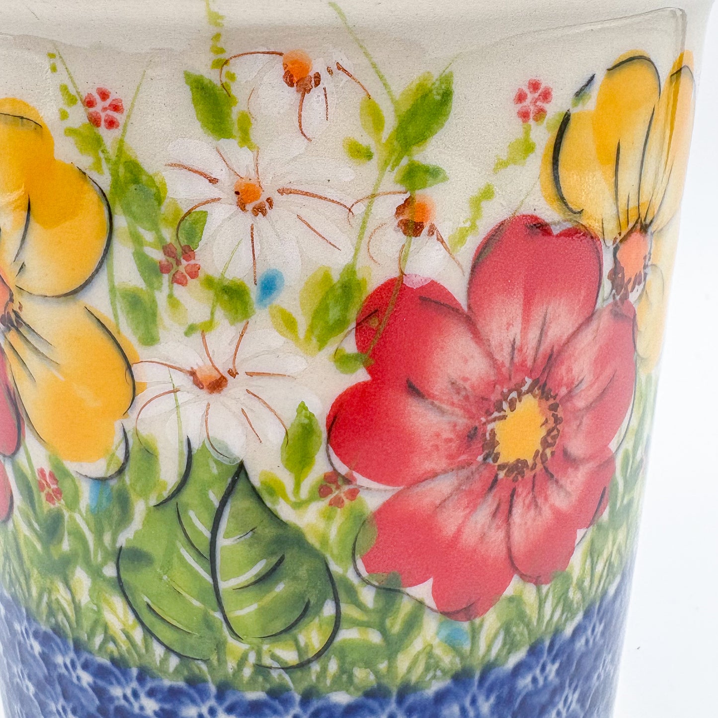 Utensil Jar 5.5”. Handmade Polish pottery. UNIKAT Yellow and Red Pansy Pattern