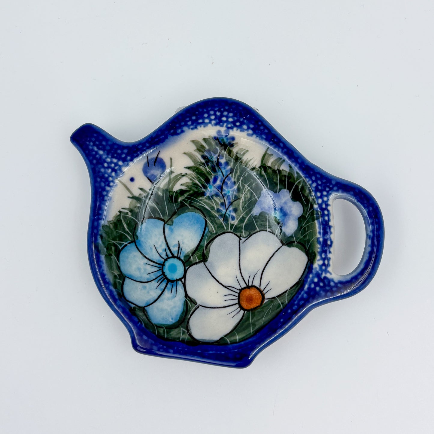 Teabag Rest Holder. Handmade Polish pottery. UNIKAT Forget Me Not Pansy