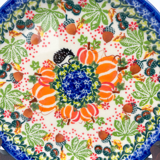 7.75” Plate. Hand crafted Polish pottery stoneware: UNIKAT Hedgehogs and Pumpkins