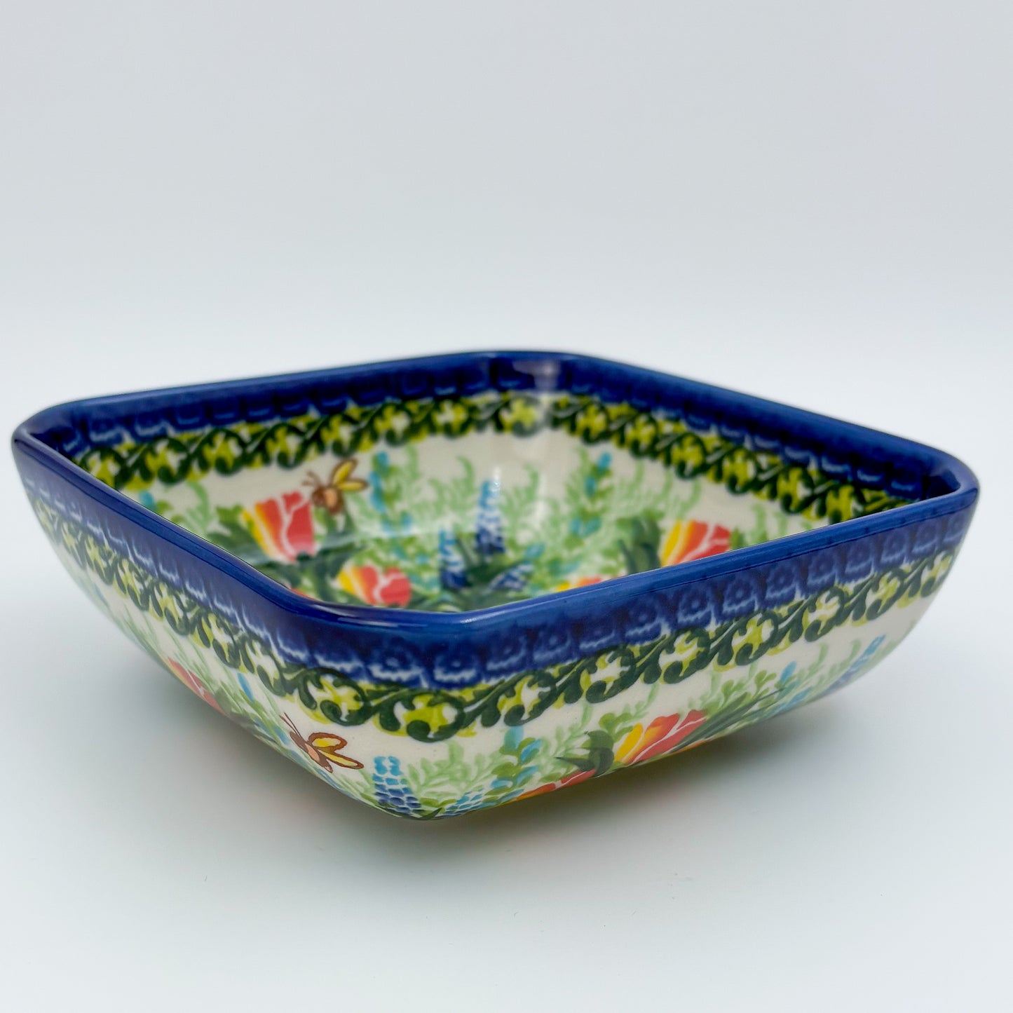 6” Square Bowl. Hand crafted Polish pottery stoneware: Unikat Tulips and Bees