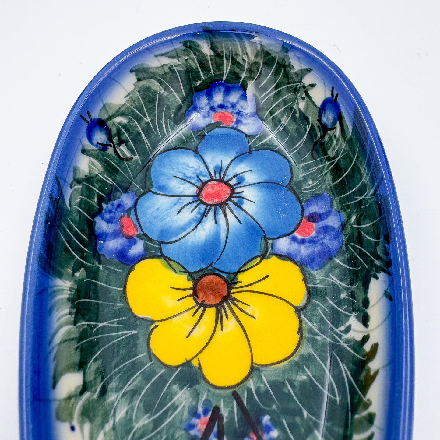 Spoon Rest 5”. Handmade Polish pottery. UNIKAT Forget Me Not Pansy Pattern