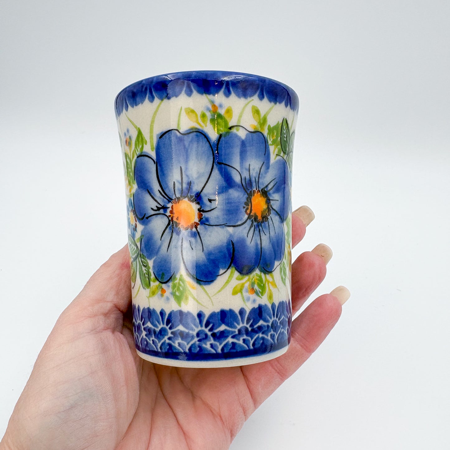 Mug Tumbler 7oz. Handcrafted Polish pottery stoneware: UNIKAT Blue Daisy
