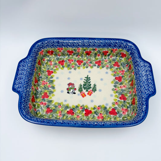 13" Rectangular Baker Handles. Handmade in Poland. UNIKAT Berry Snowman Design