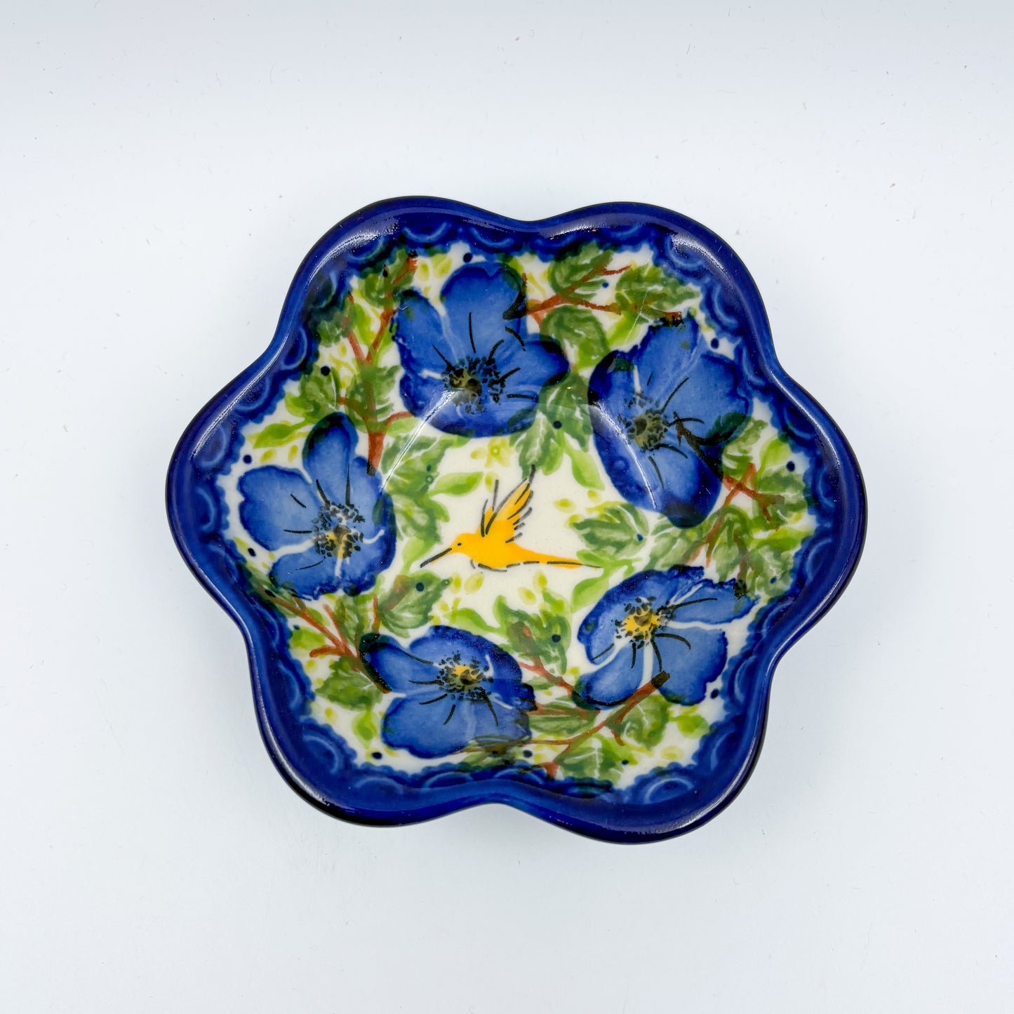 5” Bowl Flower. Hand crafted Polish pottery stoneware: UNIKAT Blue Poppy Songbird pattern