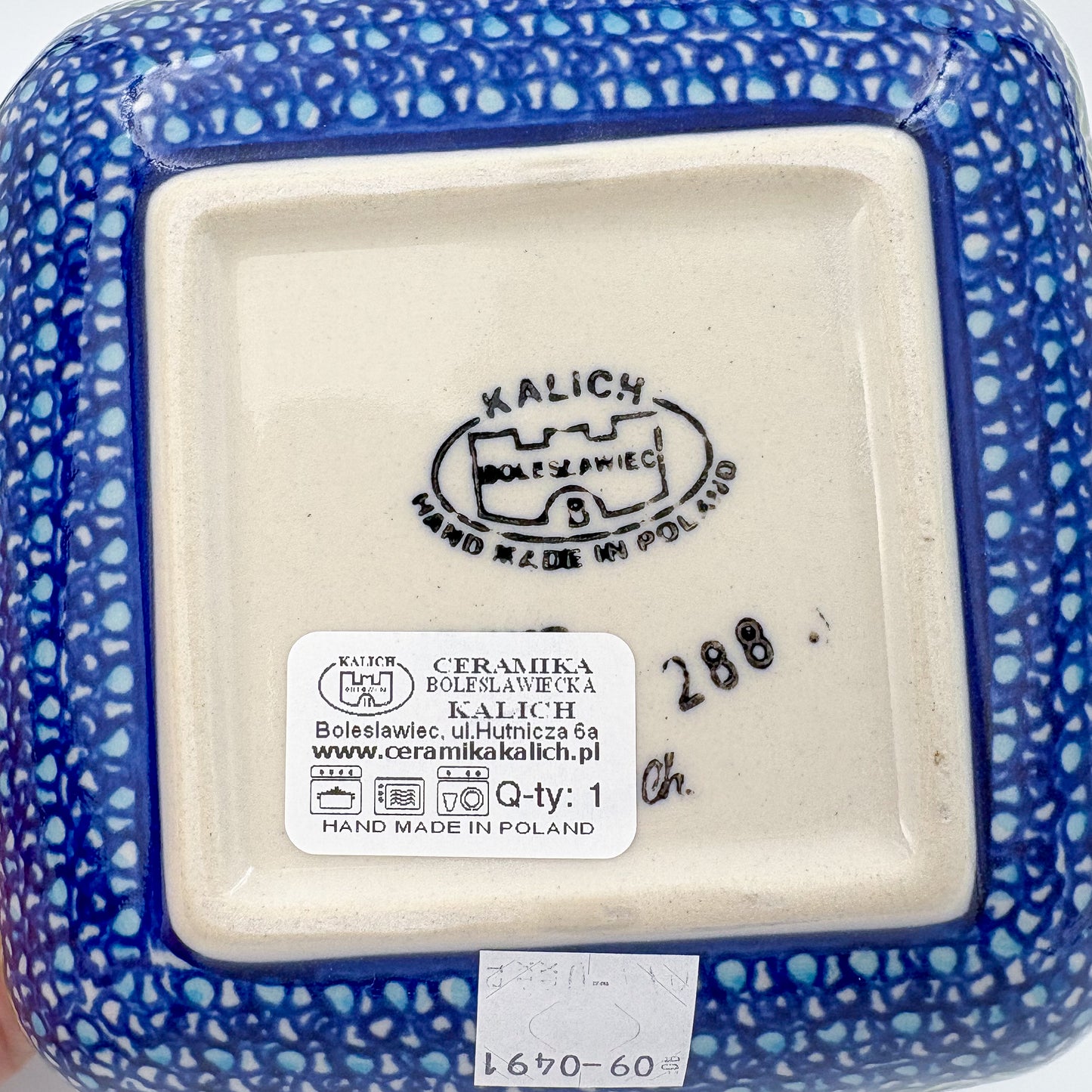 6” Square Bowl. Hand crafted Polish pottery stoneware: Unikat Blueberries