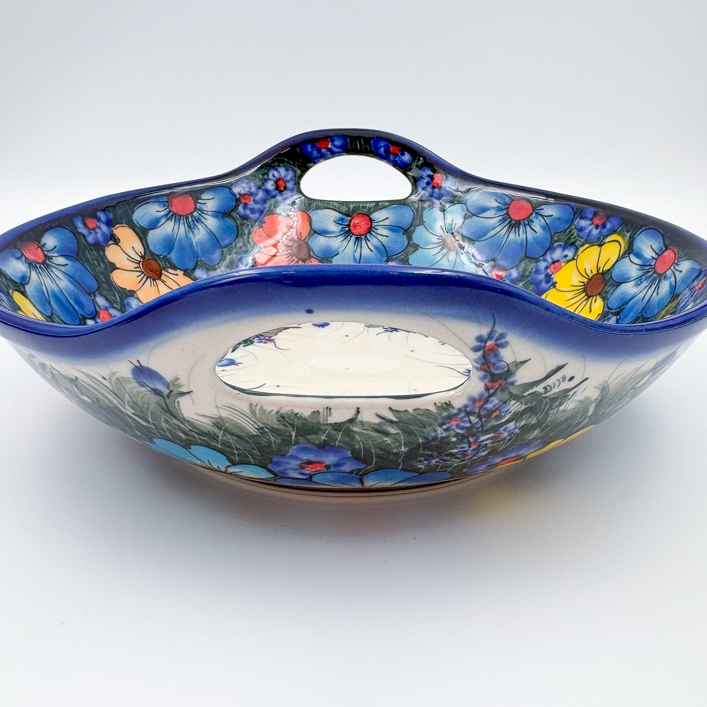 10" Bowl with Handles. Hand crafted Polish pottery stoneware: UNIKAT Forget Me Not Pansy Pattern