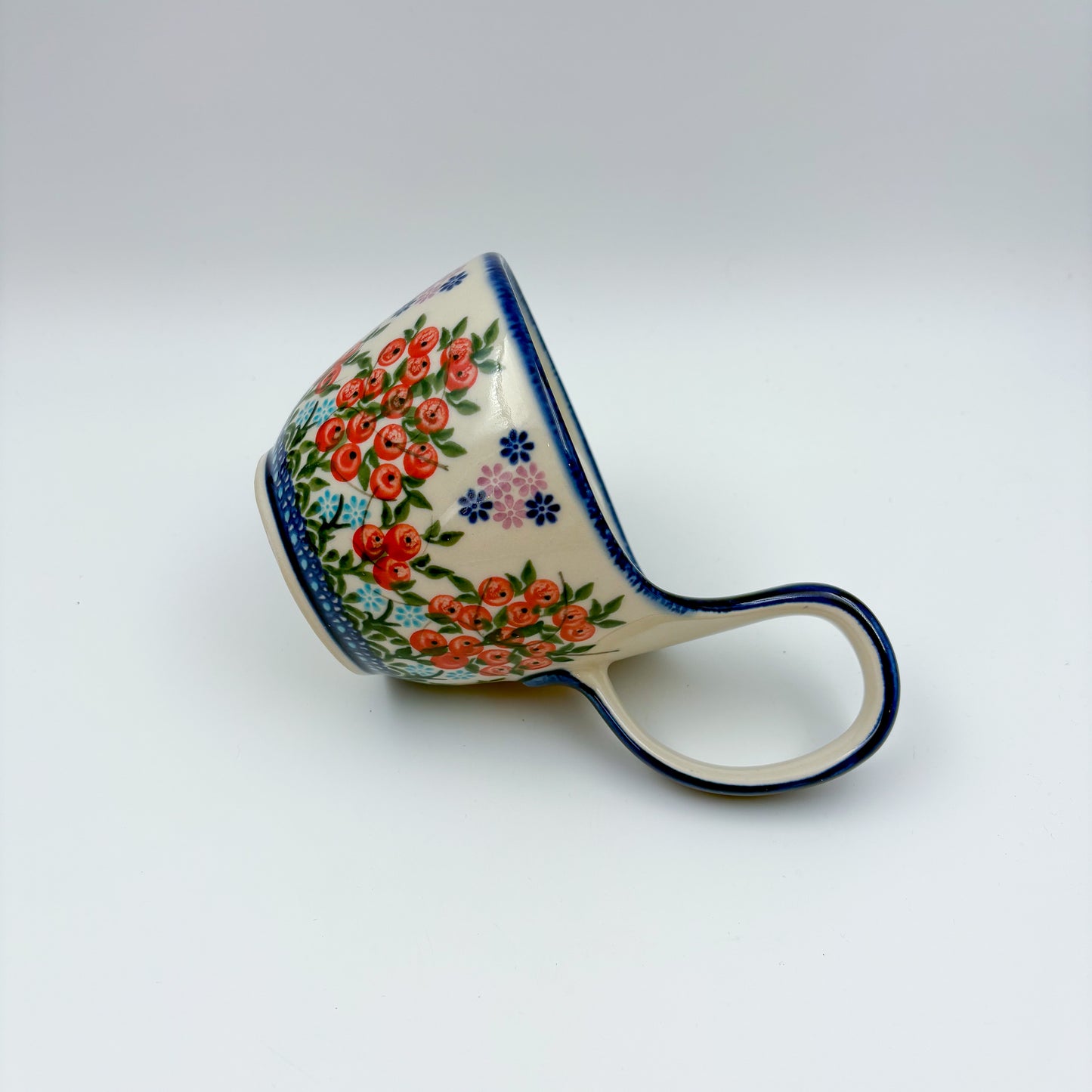 12 oz Bowl/Mug with Loop-Handle. Hand crafted Polish pottery stoneware: UNIKAT Red Berry