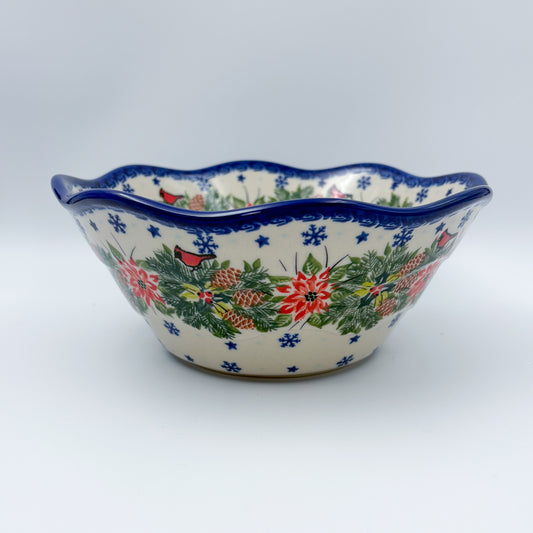 9” Wavy Bowl. Hand crafted Polish pottery stoneware: Christmas Cardinals