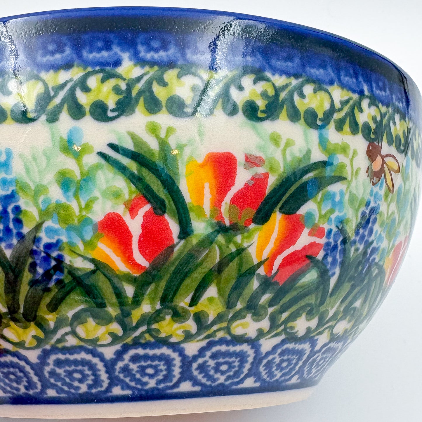 6” Bowl. Hand crafted Polish pottery stoneware: Tulips and Bees Design