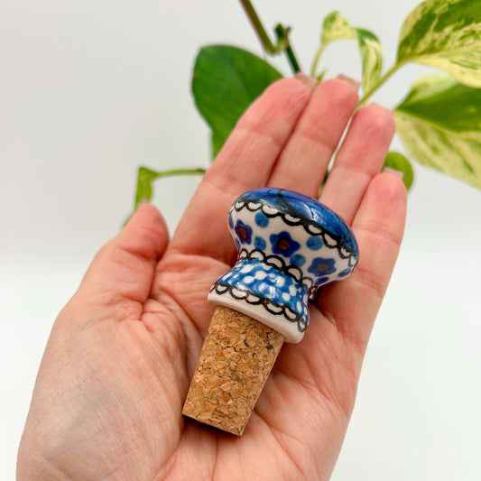 3" Bottle Stopper. Polish Pottery Stoneware. Cobalt Poppies Design