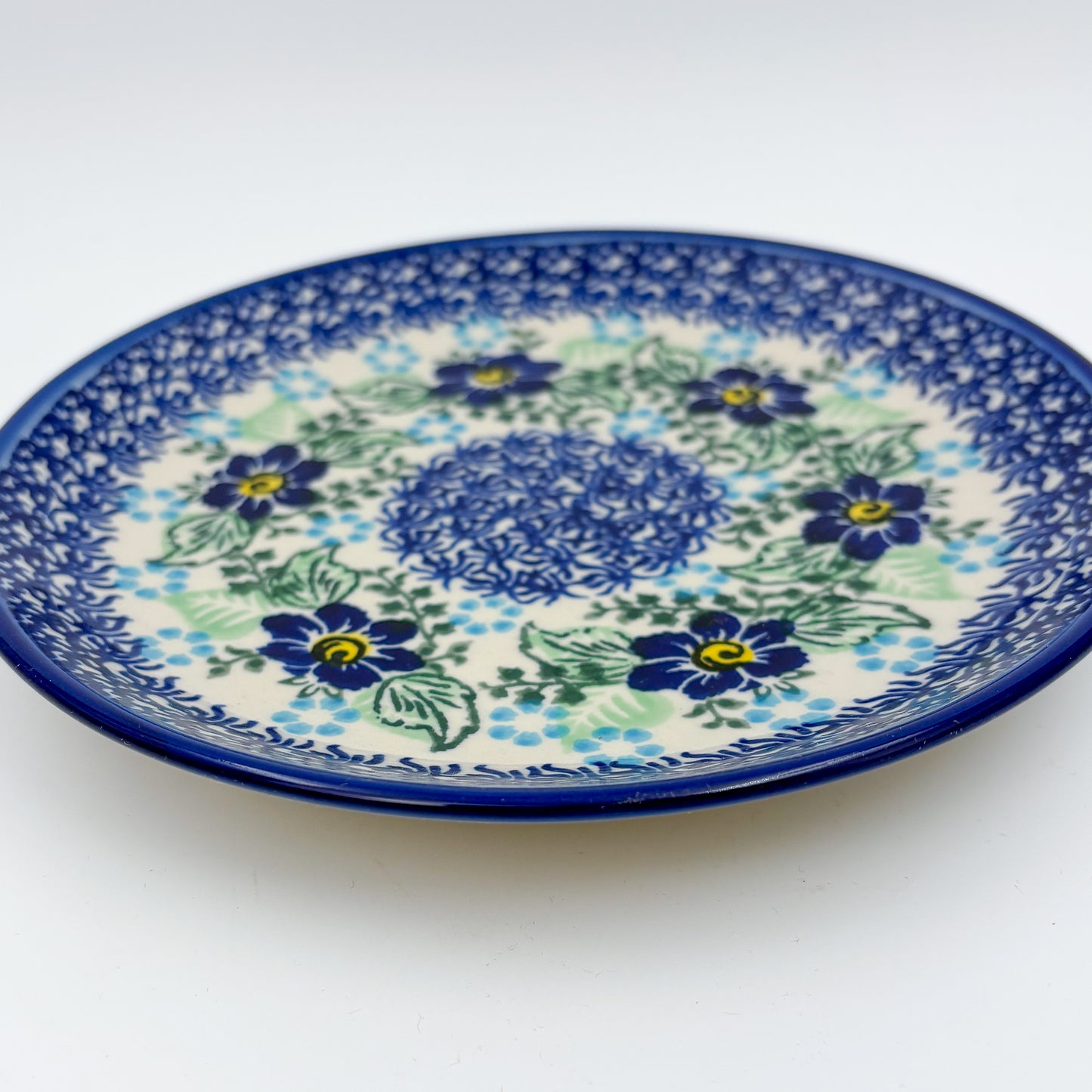 7.5” Plate. Hand crafted Polish pottery stoneware: UNIKAT Blue Floral Day Design