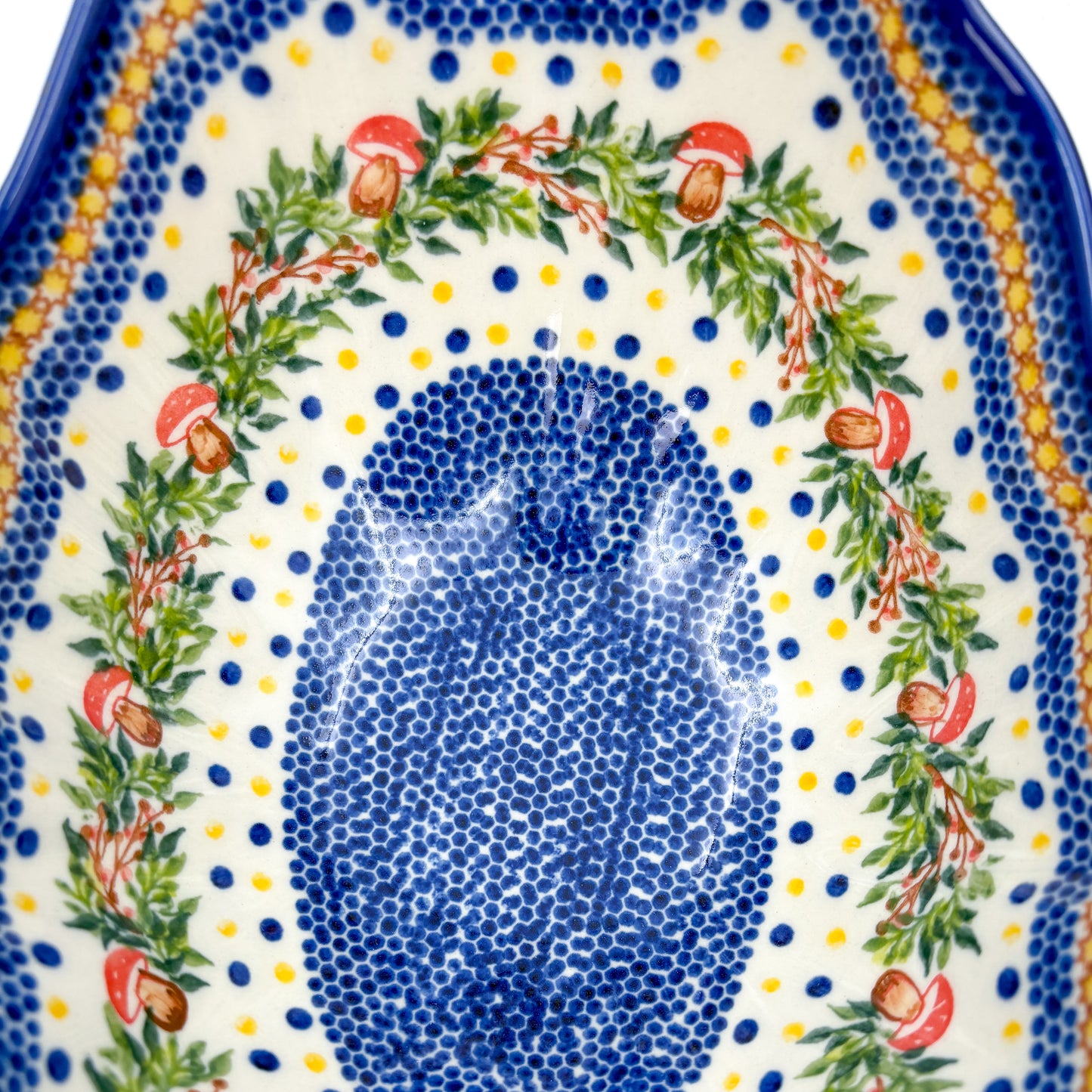 10" Lodka Bowl with Handles. Hand crafted Polish pottery stoneware: UNIKAT Mushroom Pattern
