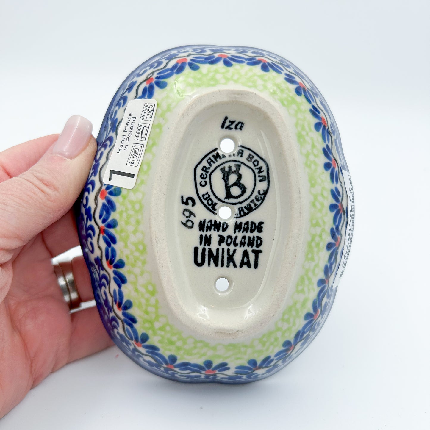 This 5” soap dish is a handmade by talented Polish artisans.
Ceramika Bona Company
5" X 4.25" x 1.26"