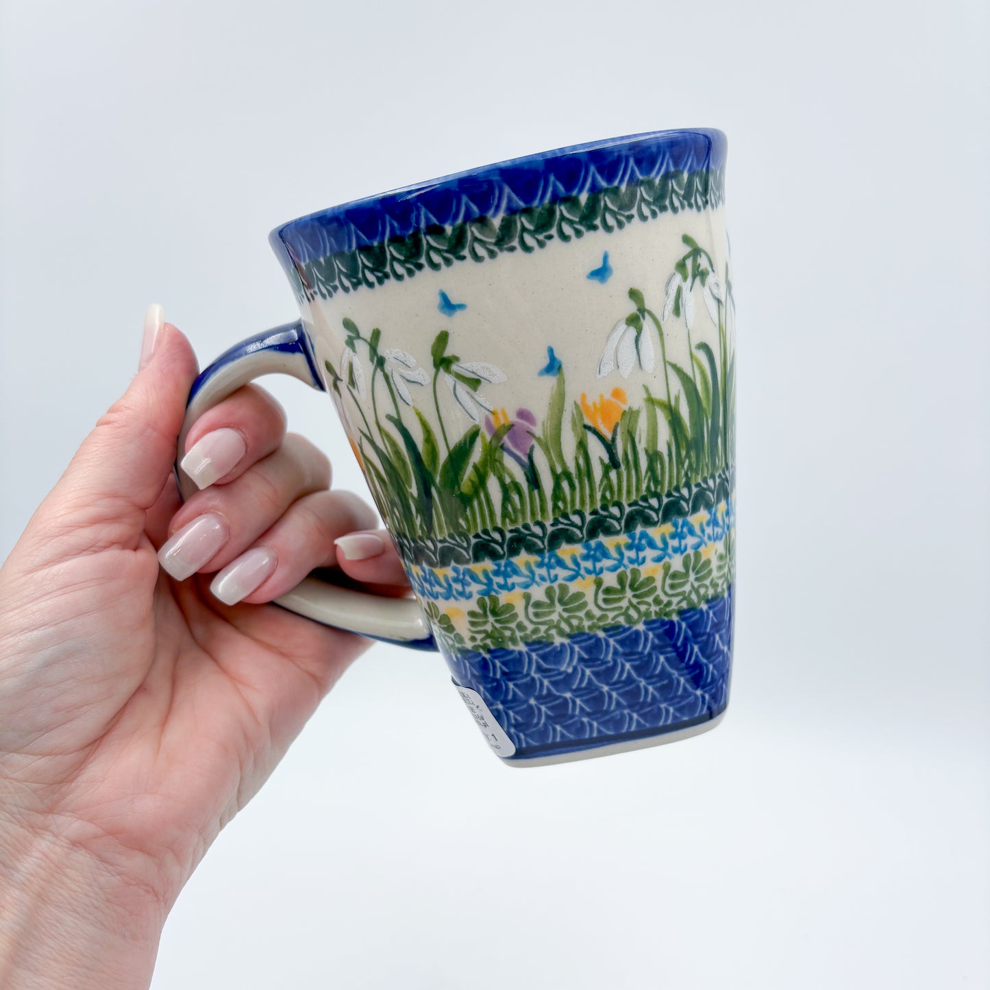 Mug XL 18oz. Handcrafted Polish pottery stoneware: UNIKAT Snowdrop Garden