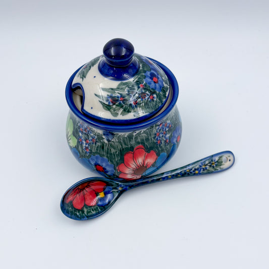 Sugar Bowl and spoon. UNIKAT Forget Me Knot Pansy Pattern