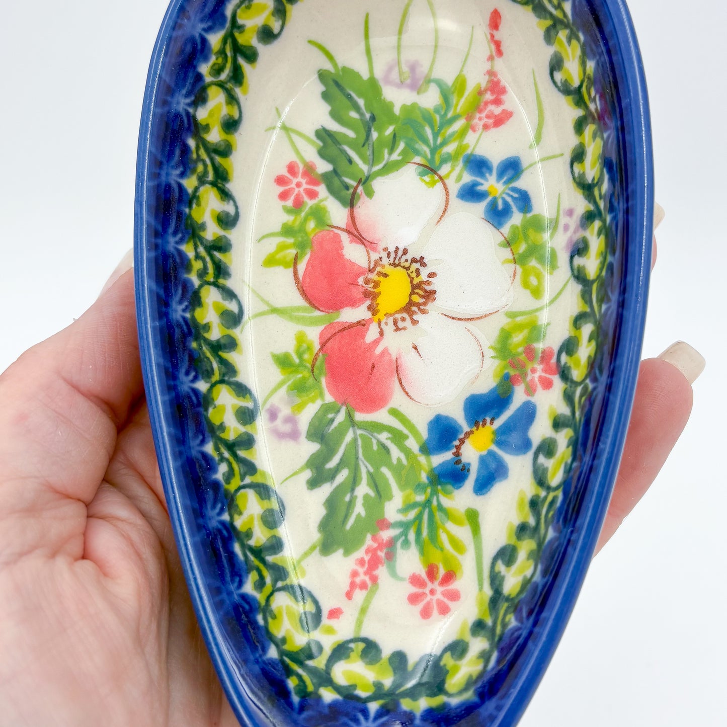 Spoon Rest 5”. Handmade Polish pottery. UNIKAT Pink Ruffle