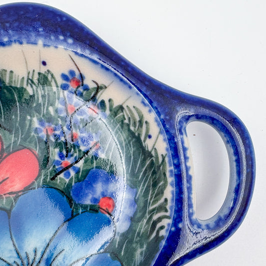 Teabag Holder. Handmade Teapot Polish pottery. UNIKAT Forget Me Not Pansy