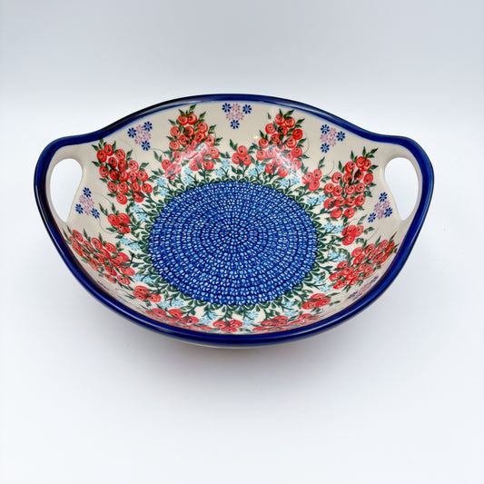 10" Bowl with Handles. Hand crafted Polish pottery stoneware: UNIKAT Red Berry Pattern