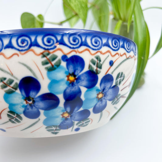 7” Farm Bowl. Hand crafted Polish pottery stoneware: Blue Pansy Design