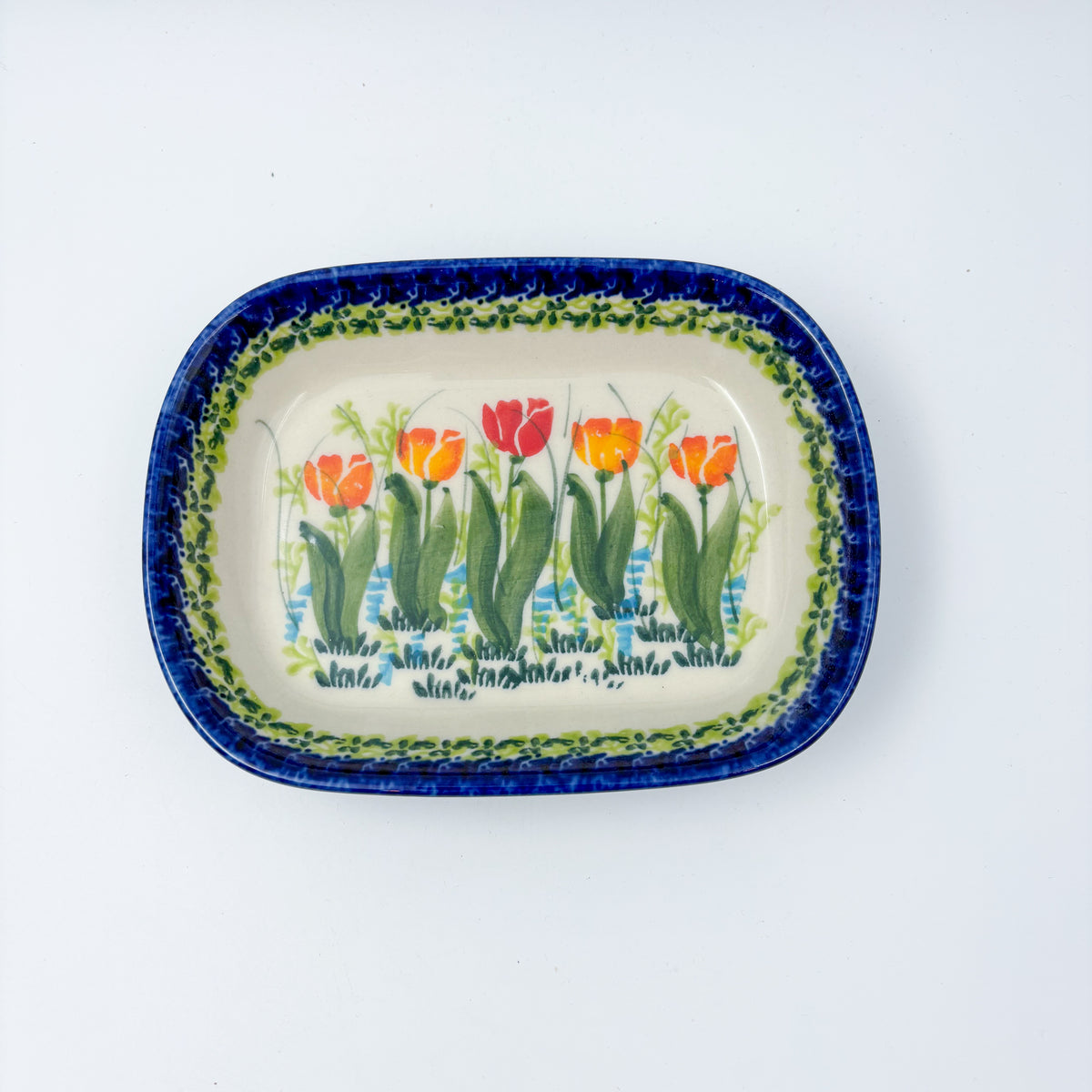 6" Butter Platter.  Handmade Polish pottery.  UNIKAT Tulip Fields
