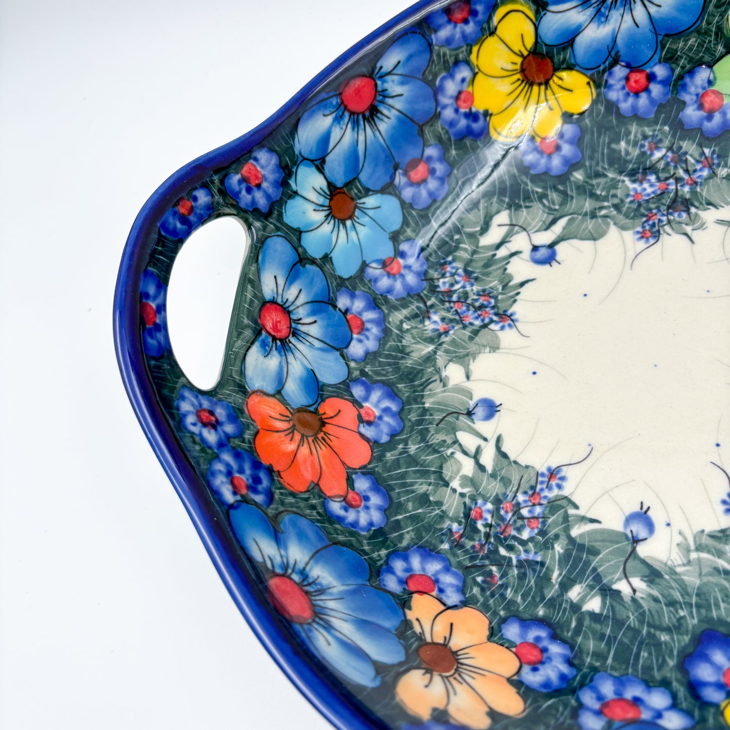 10" Bowl with Handles. Hand crafted Polish pottery stoneware:  UNIKAT Forget Me Not Pansy Pattern