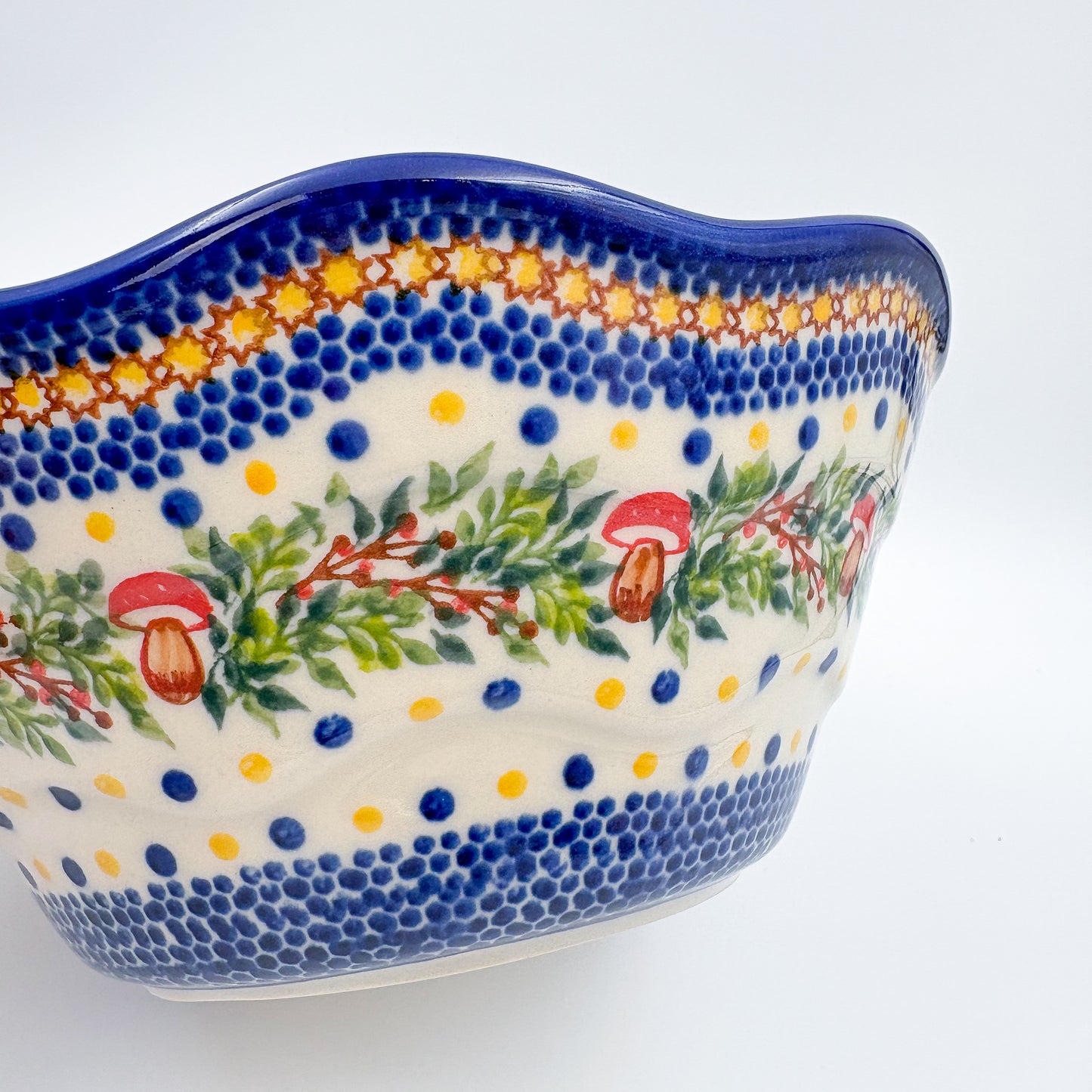 9” Wavy Bowl.  Hand crafted Polish pottery stoneware:  Mushroom Design