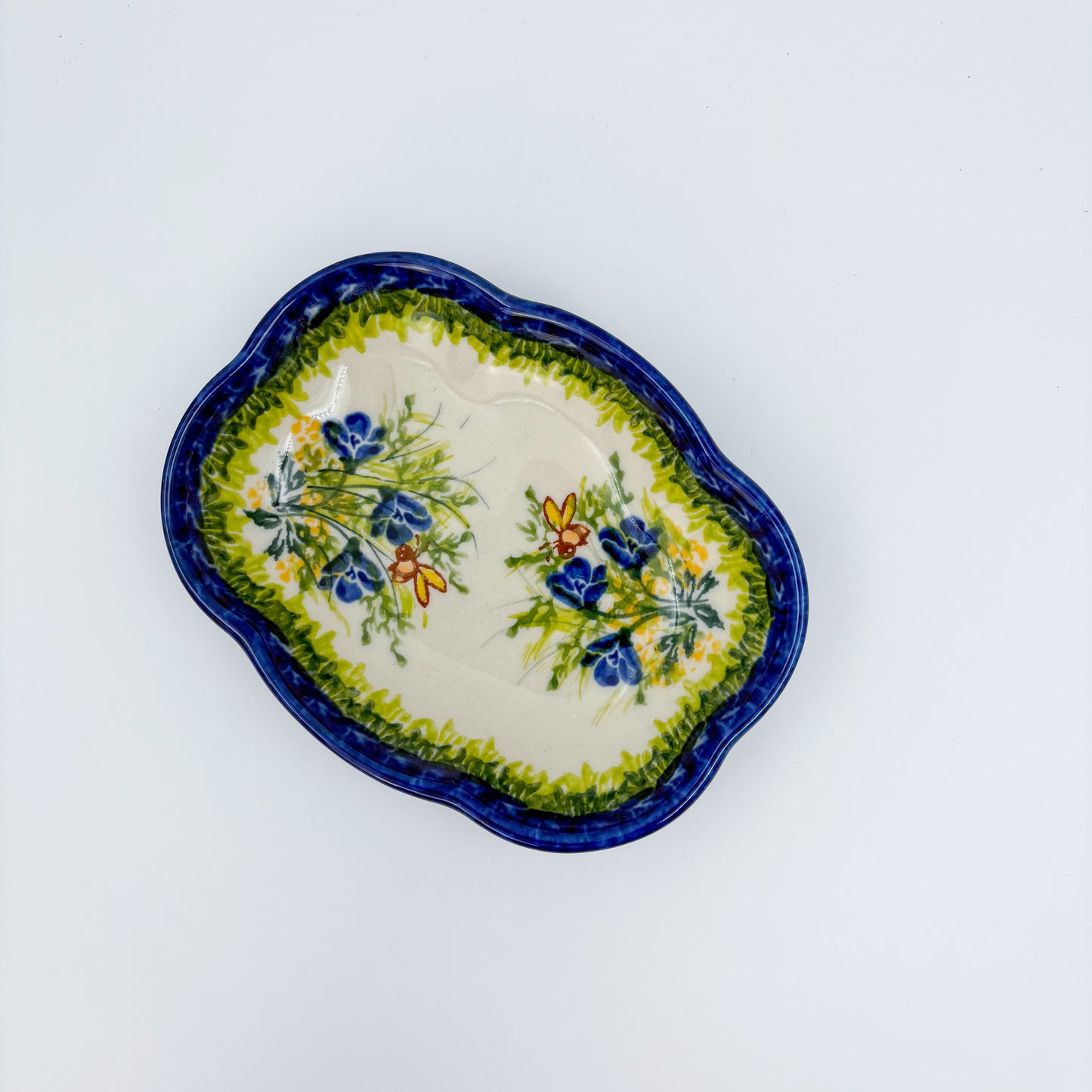 5" Soap Dish.  Handmade Polish pottery.  UIKAT Bluebell Meadow Design