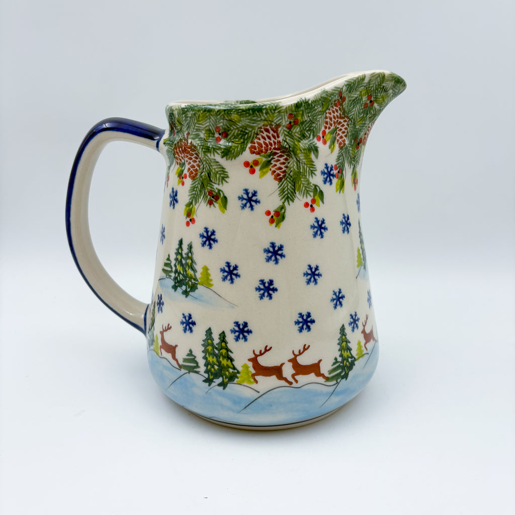 48 oz. Jacek Pitcher.  Hand painted Polish pottery stoneware UNIKAT Reindeer Bliss