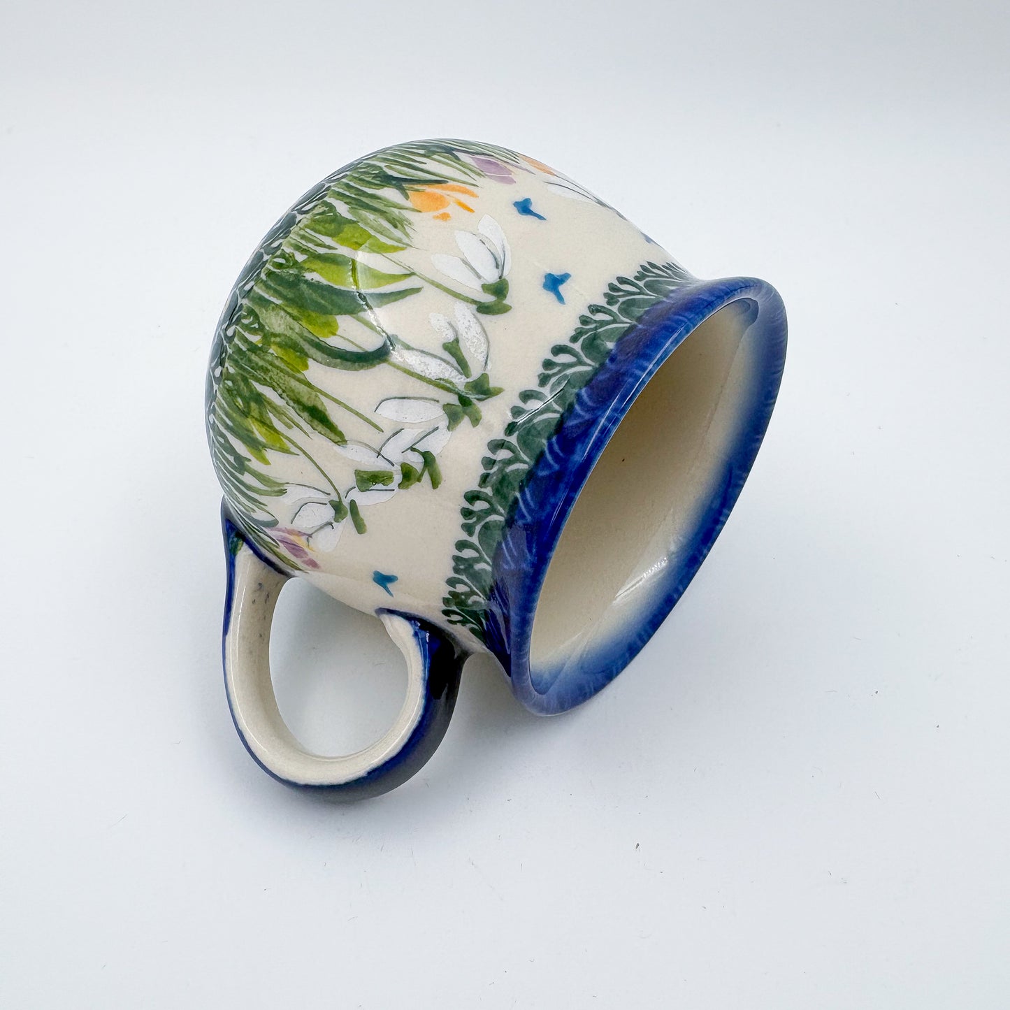 8 oz Bubble Mug. Handcrafted Polish pottery stoneware:  UNIKAT Snowdrop Garden