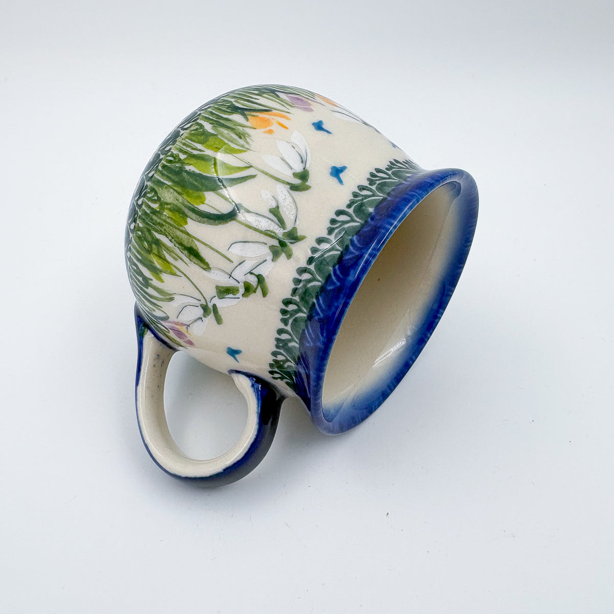 8 oz Bubble Mug. Handcrafted Polish pottery stoneware:  UNIKAT Snowdrop Garden