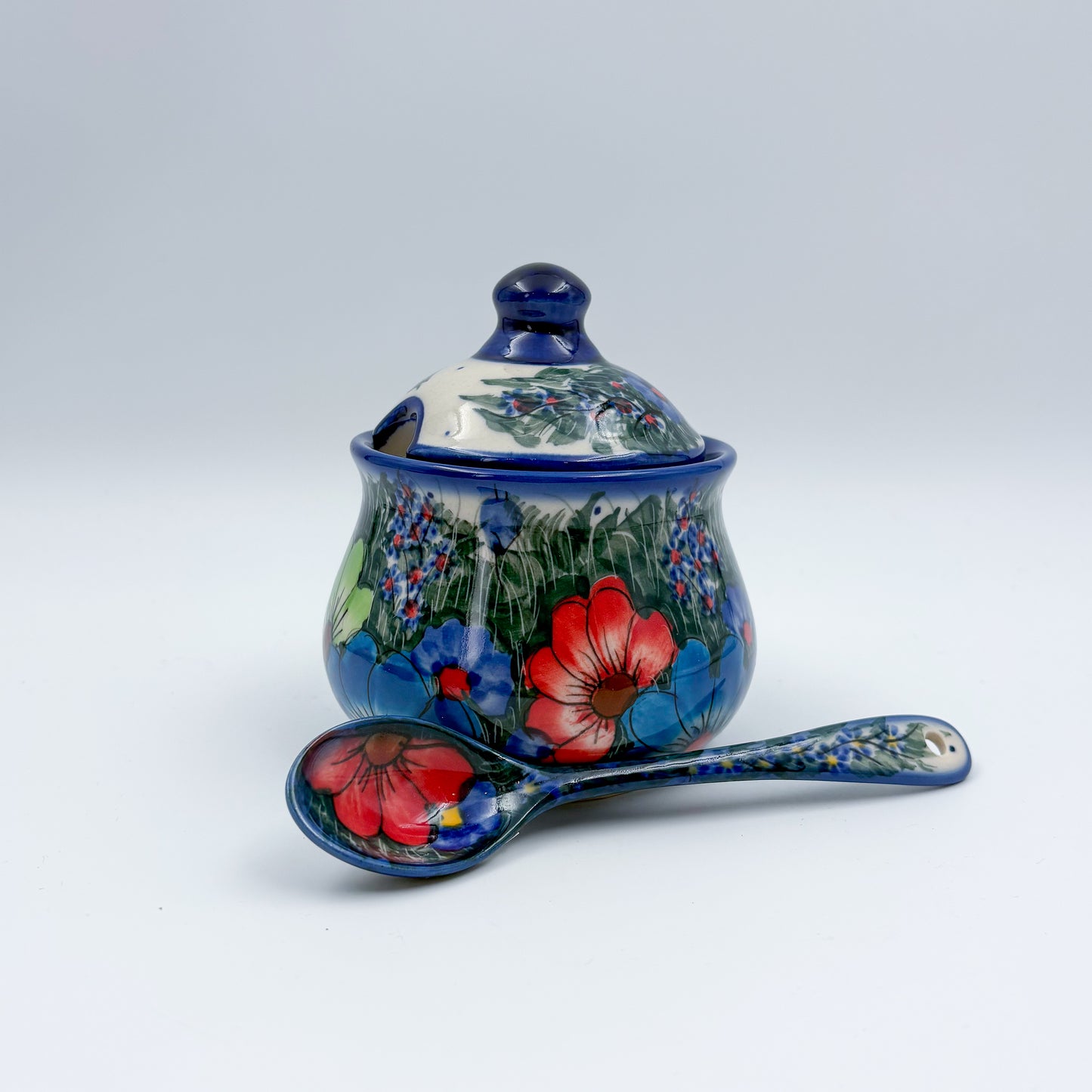 Sugar Bowl and spoon.  UNIKAT Forget Me Knot Pansy Pattern