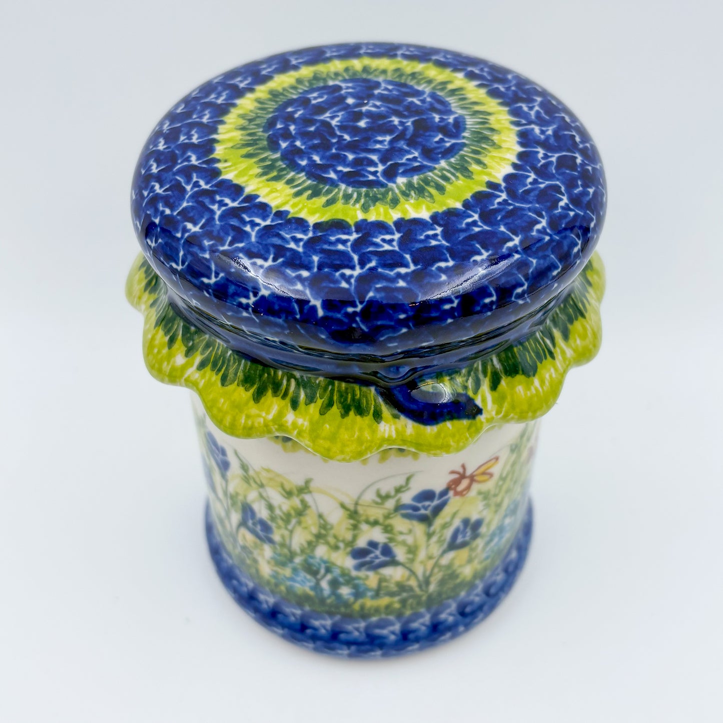 5" Container with Ruffled Lid Small.  Handmade Polish pottery.  UNIKAT Bluebell Meadow Design