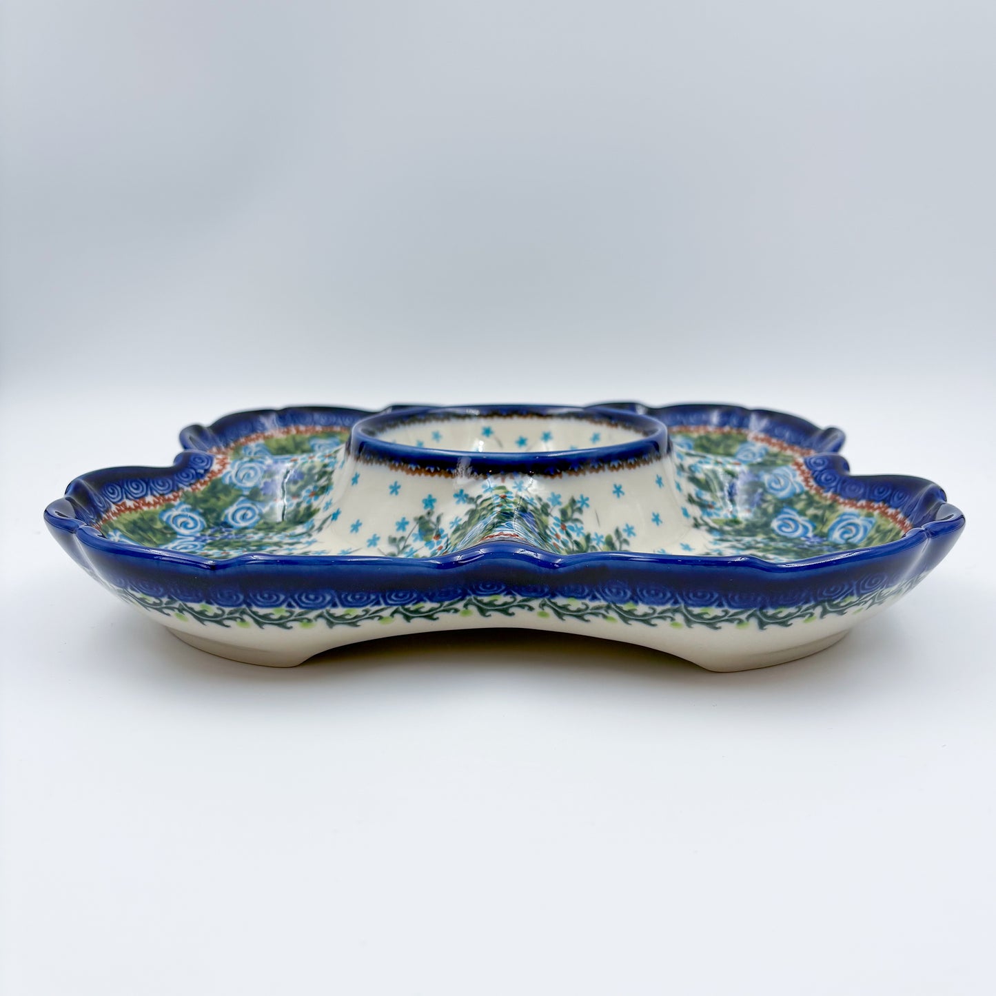 11" Divided Platter with Center Bowl.  Hand crafted Polish pottery stoneware: UNIKAT Whispering Ferns