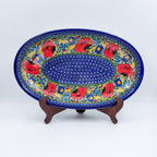 14" Oval Platter  Hand crafted Polish pottery stoneware: UNIKAT Garden Poppy Design