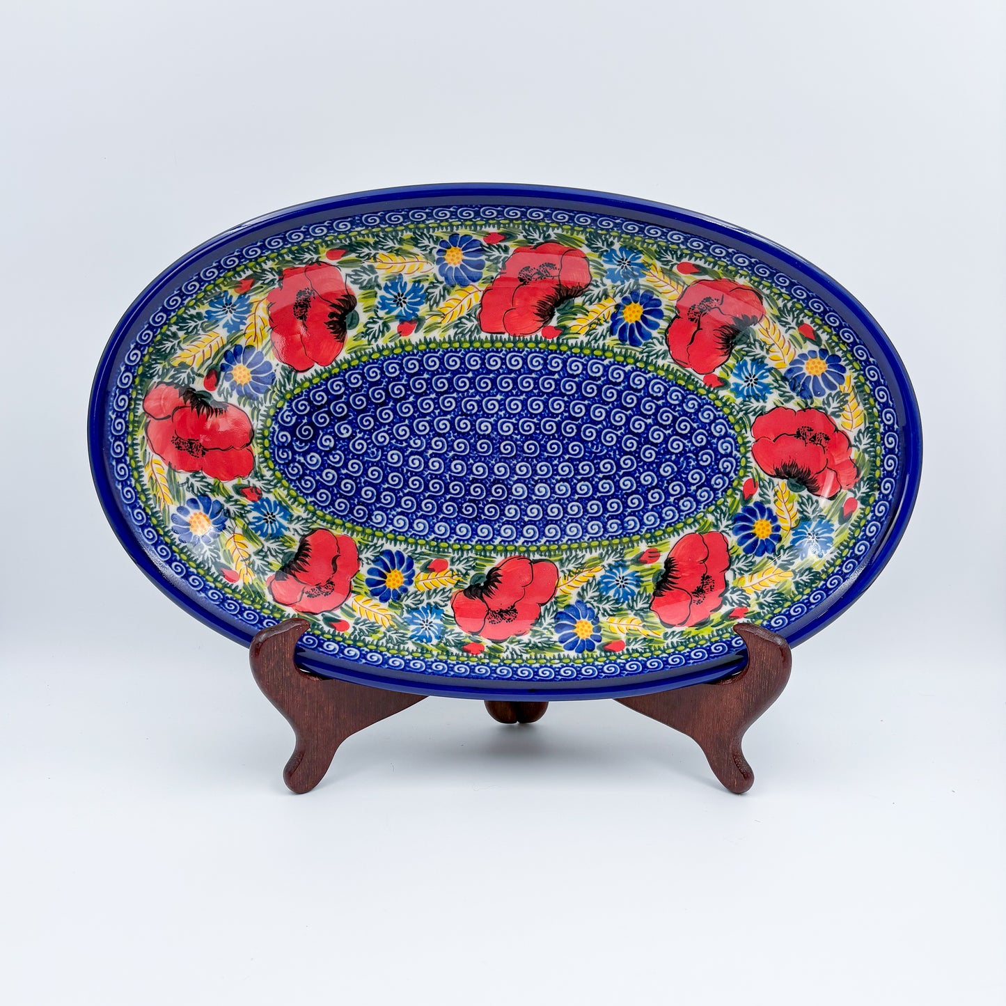14" Oval Platter  Hand crafted Polish pottery stoneware: UNIKAT Garden Poppy Design