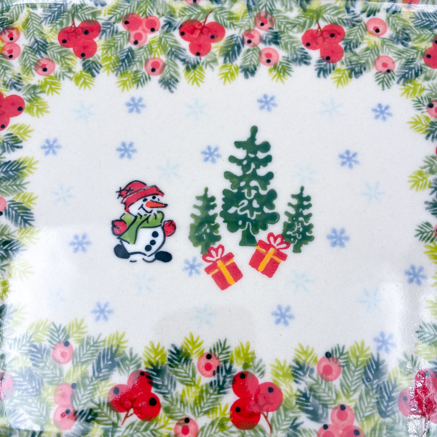 13" Rectangular Baker Handles. Handmade in Poland.  UNIKAT Berry Snowman Design